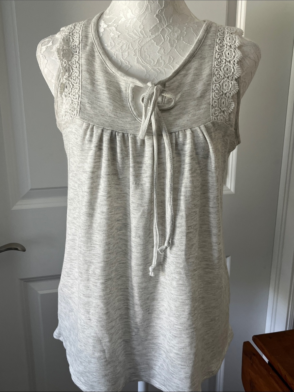 Staccato Light Gray Lace-Trim Tie-Front Tank